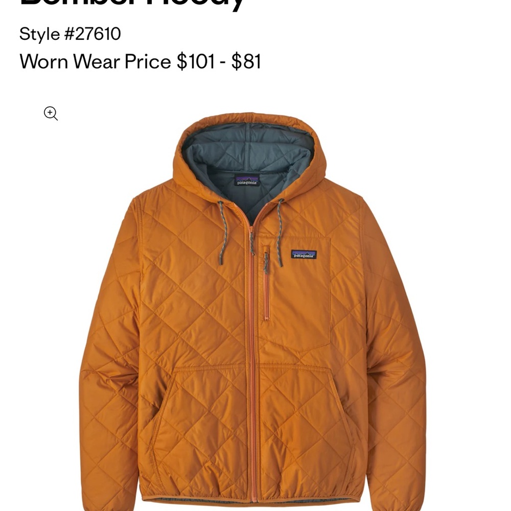 Men’s Patagonia Orange Puffer Jacket with Hood and Quilted Design gently worn